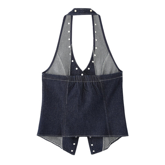 Damen elegante Denim-Weste mit dekorativen Druckknöpfen und lässigem Schnitt EB