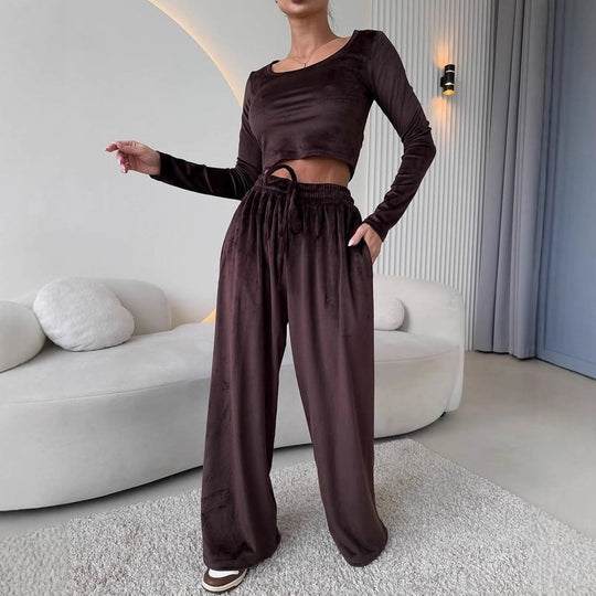 Damen Samt-Loungewear-Set mit Cropped-Langarmshirt und hoher Taillen-Palazzohose EB