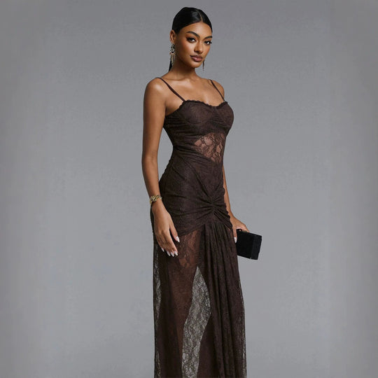 Damen Elegantes Spitzenmaxikleid mit raffinierter Drapierung EB