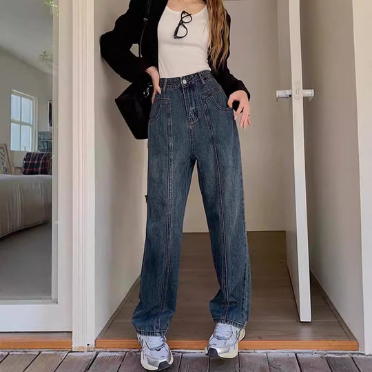 Damen Weite Denim-Hose mit hoch tailliertem Schnitt und lässigem Design EB