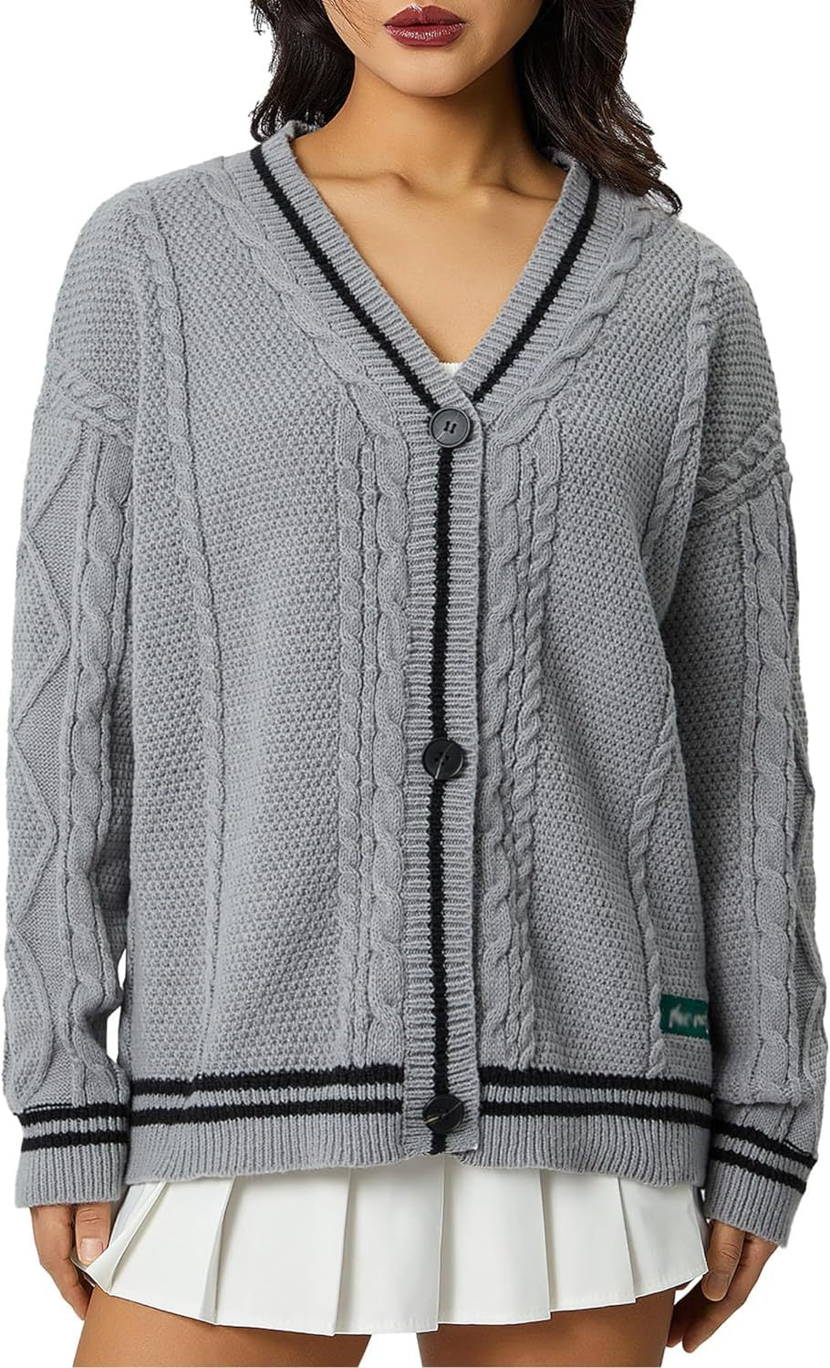 Damen Grob gestrickte Cardigan mit Sternenapplikationen und Knopfverschluss EB