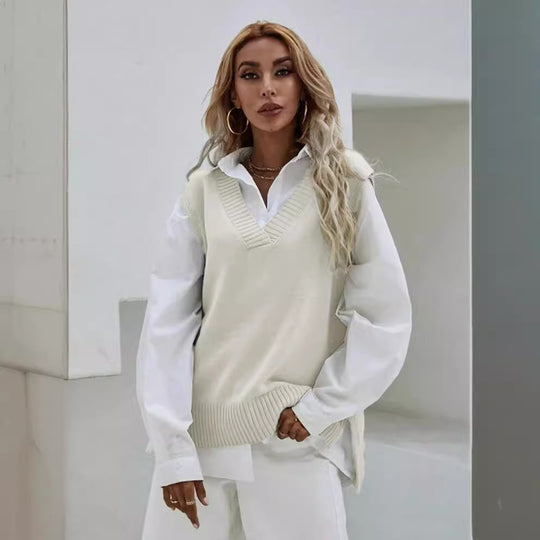 Damen Strickweste mit V-Ausschnitt und breitem Rippdesign EB