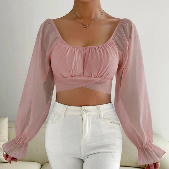 Damen Cropped Bluse mit Puffärmeln und raffiniertem Schnitt EB