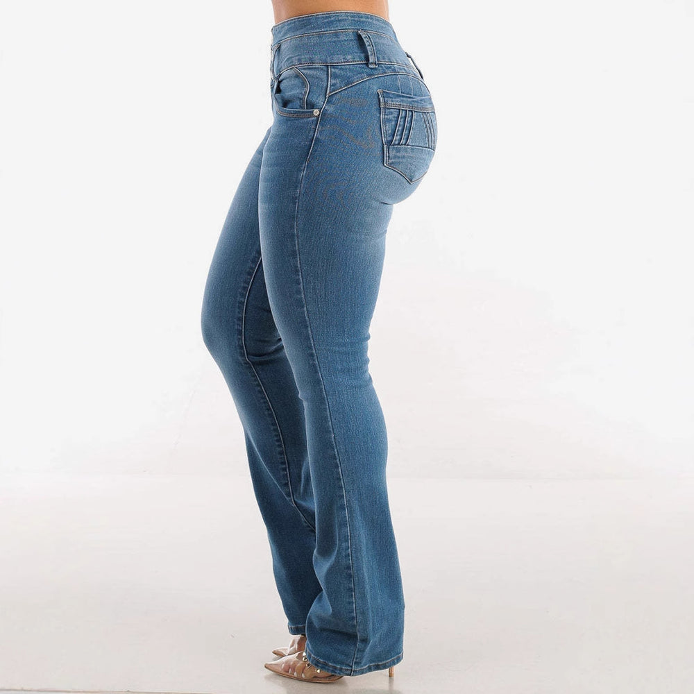 Damen High-Waist Bootcut Jeans mit dekorativen Knopfdetails und figurbetontem Schnitt EB