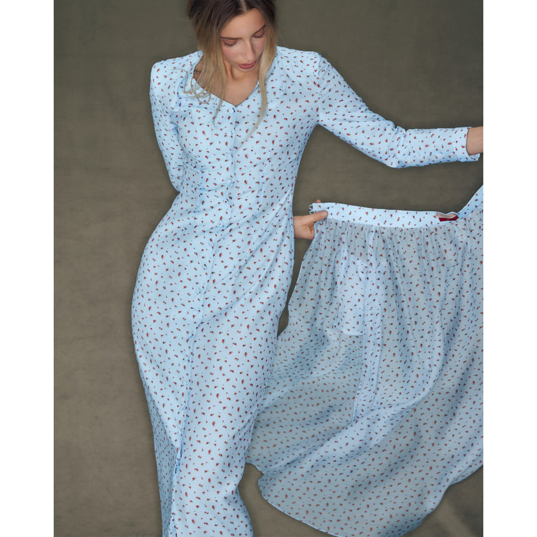 Damen Maxi-Silhouette Kleid mit eleganten Rüschendetails und Knopfleiste EB