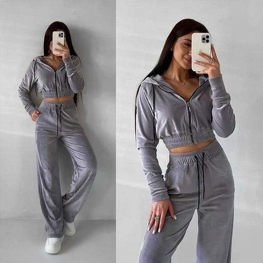 Damen Samt-Loungewear-Set mit Cropped Zip-Kapuzenjacke und weiter Palazzohose EB