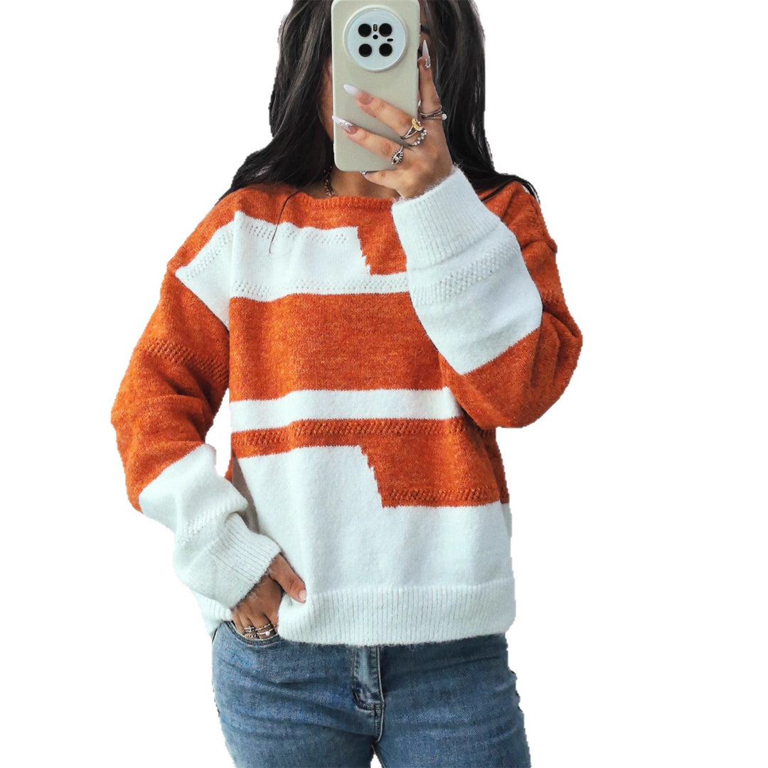 Damen Grobstrickpullover mit modischem Streifenmuster und weitem Schnitt EB