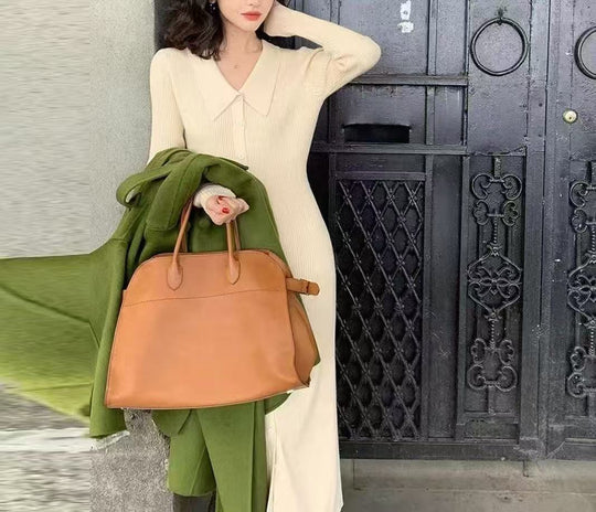 Damen Strickmaxikleid mit Knopfverschluss und modischem Kragen EB