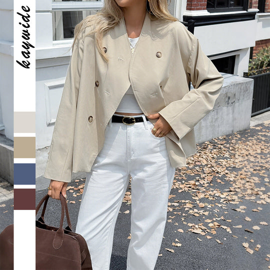 Damen nan kurze oversized Doppelreihige Übergangsjacke mit kimonoähnlichem Kragen und weiten Ärmeln EB