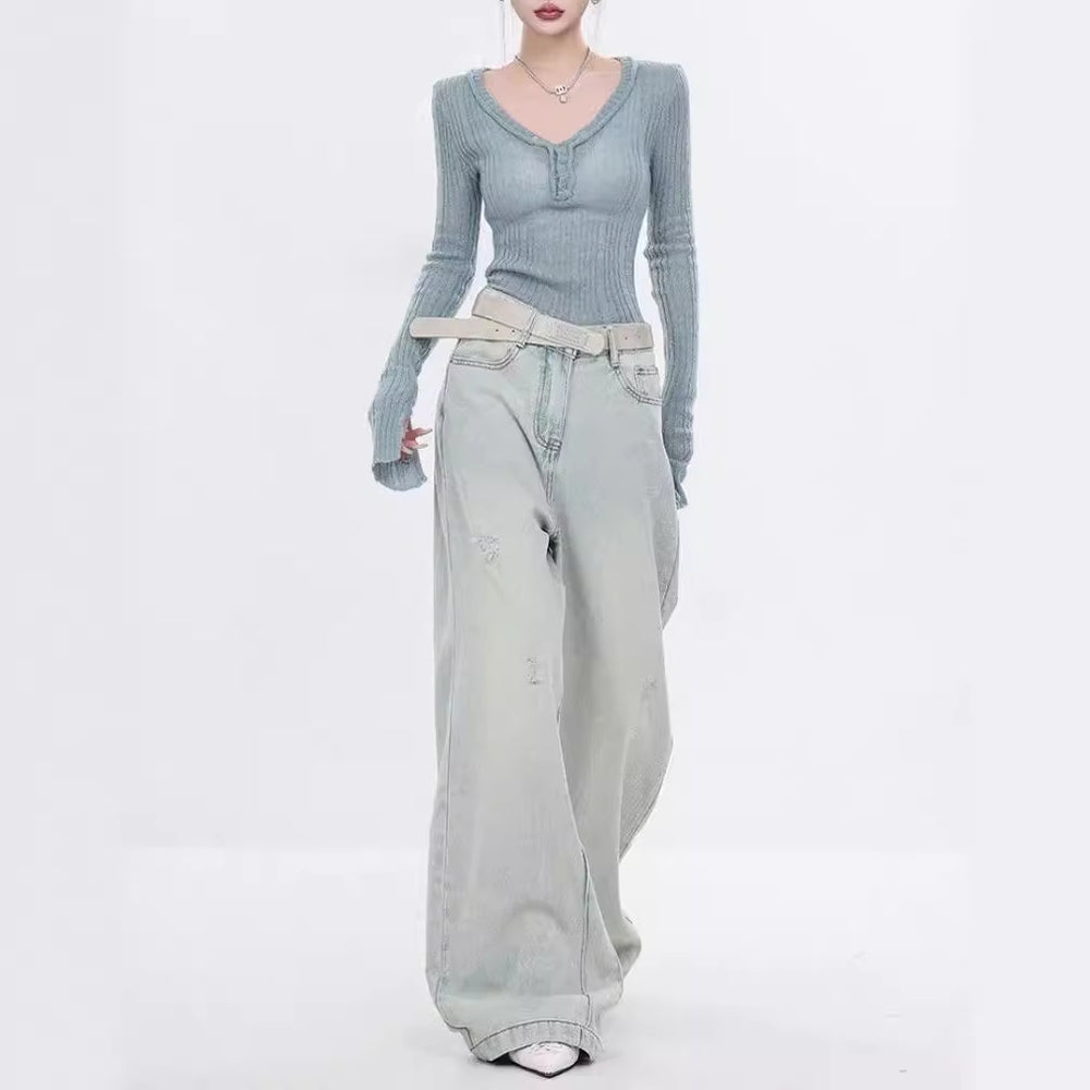 Damen Elegante Weitbein-Jeans mit modischen Akzentuierungen und hohem Bund EB