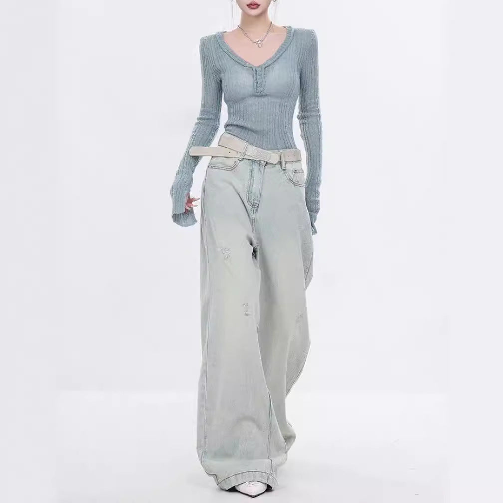 Damen Elegante Weitbein-Jeans mit modischen Akzentuierungen und hohem Bund EB