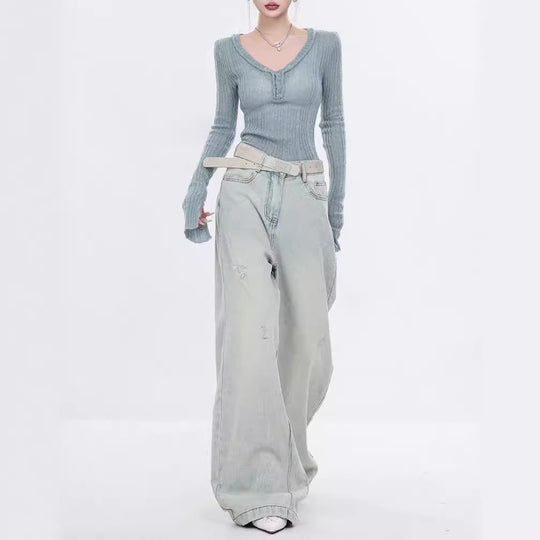 Damen Elegante Weitbein-Jeans mit modischen Akzentuierungen und hohem Bund EB