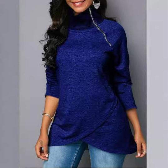Damen Rundhals Shirt mit hoher Kragen und Reißverschluss EB
