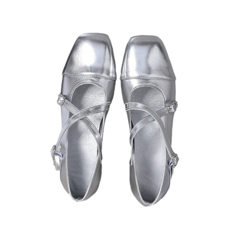 Damen Elegante Flachschuhe mit schimmerndem Obermaterial und verstellbaren Riemen EB