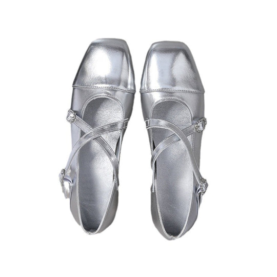 Damen Elegante Flachschuhe mit schimmerndem Obermaterial und verstellbaren Riemen EB