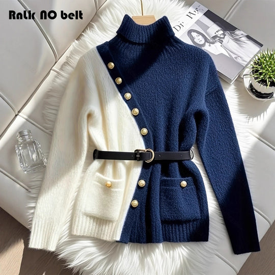 Damen Schicker Pullover mit hohem Kragen und eleganten Knöpfen EB