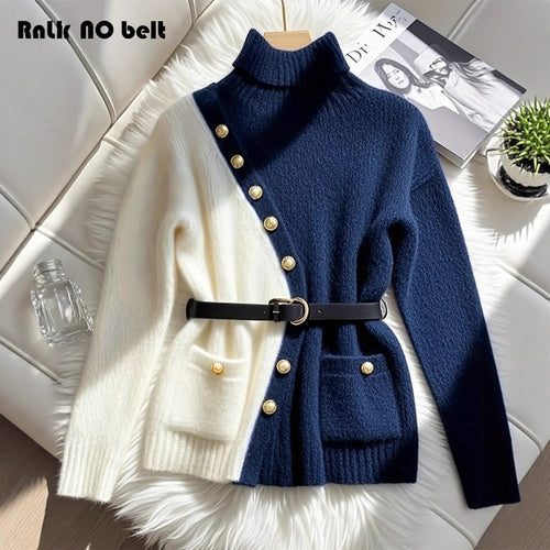 Damen Schicker Pullover mit hohem Kragen und eleganten Knöpfen EB