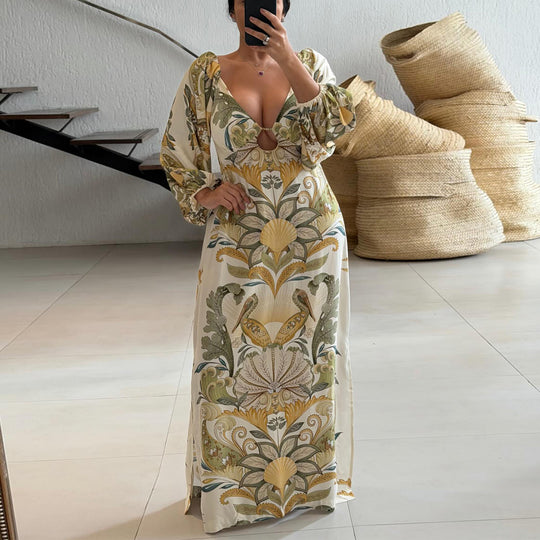 Damen Maxikleid mit kunstvollem Floral-Design und tiefem V-Ausschnitt EB
