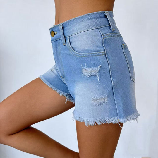 Damen Designer Denim-Shorts mit Fransen und ausgefranstem Saum EB