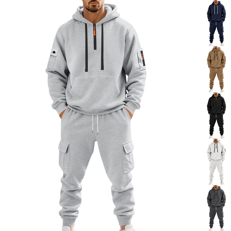 Herren nan zweiteiliges Utility-Freizeitset Hoodie mit halbhohem Reißverschluss, Ärmeltasche und Cargo-Jogginghose mit Klappentaschen EB