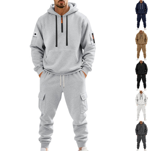 Herren nan zweiteiliges Utility-Freizeitset Hoodie mit halbhohem Reißverschluss, Ärmeltasche und Cargo-Jogginghose mit Klappentaschen EB