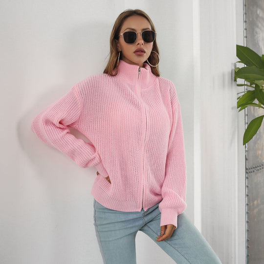 Damen Strickjacke mit hohem Kragen und Reißverschluss EB