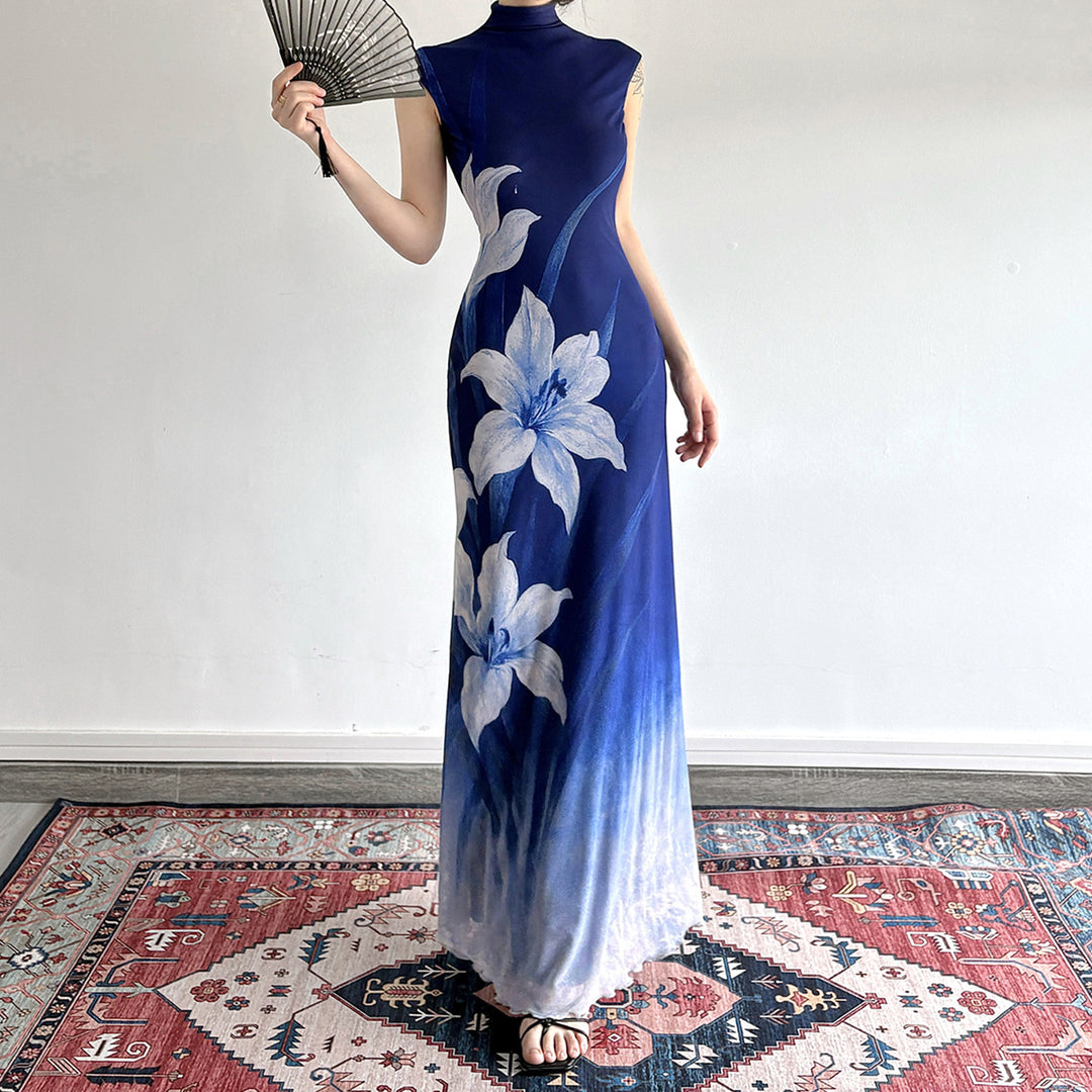 Damen Maxikleid mit floralem Design und elegantem Stehkragen EB