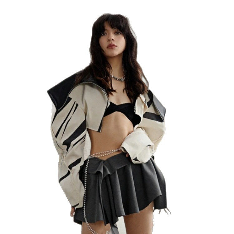 Damen Modische Cropped Jacke mit geometrischem Design und Kunstlederdetails EB