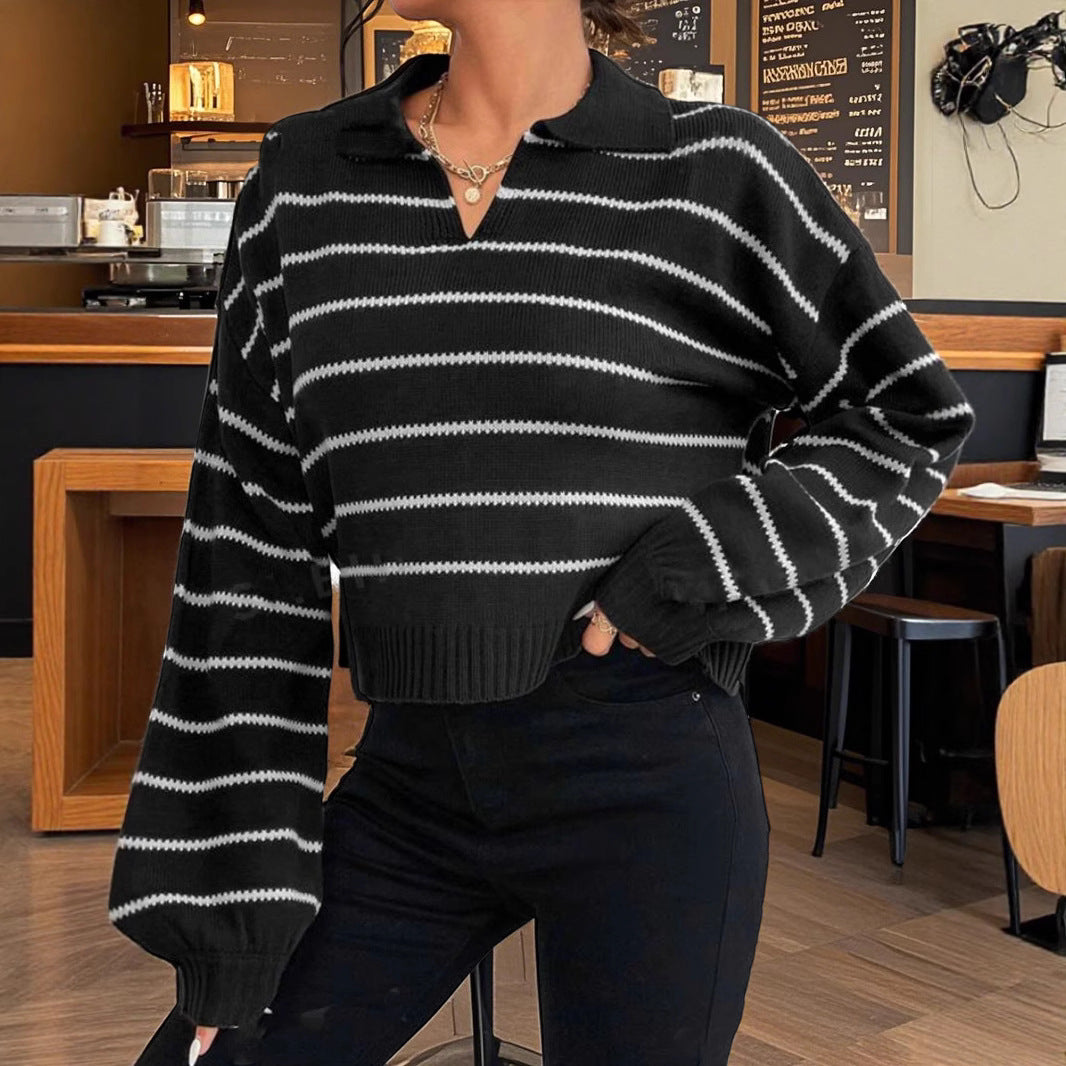 Damen moderner cropped Pullover mit Streifen und tiefem V-Ausschnitt EB