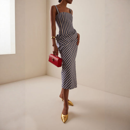 Damen Maxikleid mit asymmetrischen Drapierungen und hohem Schlitz EB