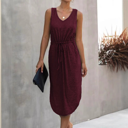 Damen lässiges Maxikleid mit V-Ausschnitt und elastischem Taillenbund EB