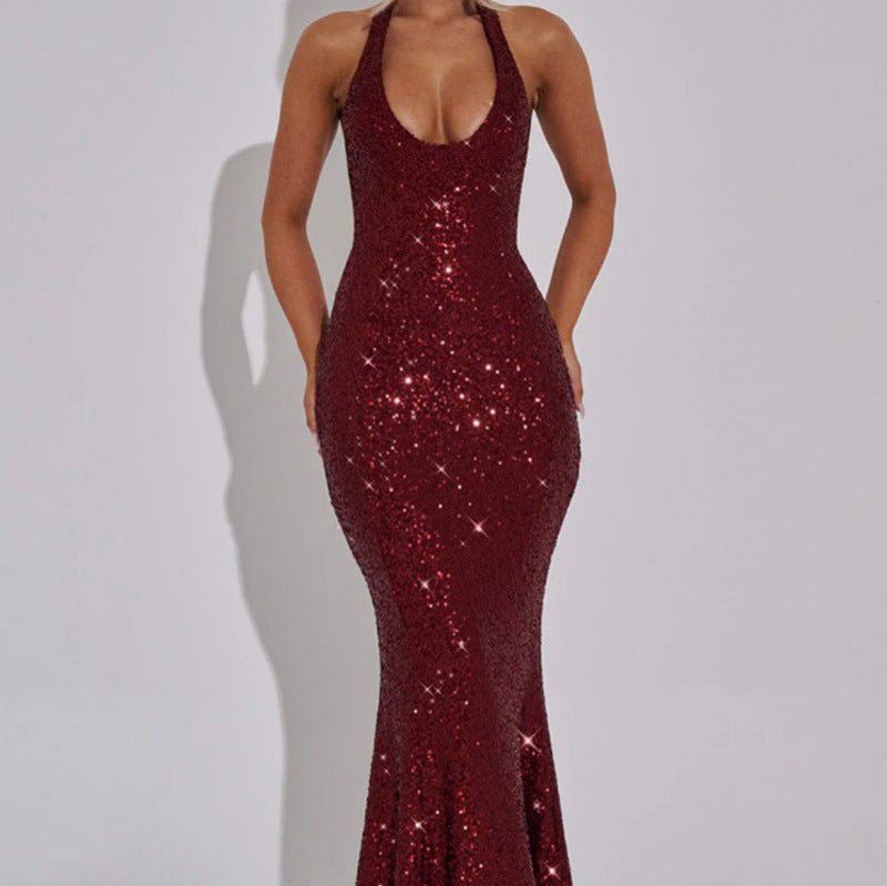 Damen Glamouröses Pailletten-Maxi-Kleid mit tiefem V-Ausschnitt und schmalem Schnitt EB