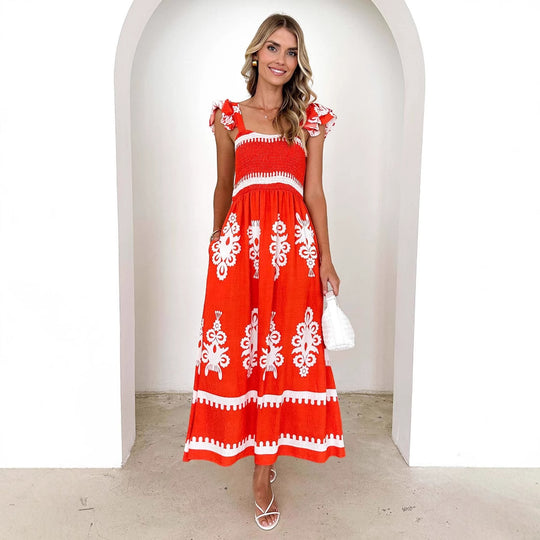 Damen Maxikleid mit floralen Stickereien und Rüschendetails EB