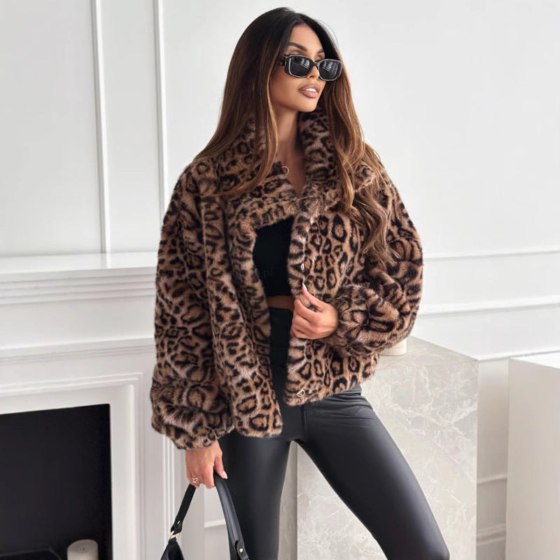 Damen kuschelige Leopardenfell Jacke EB