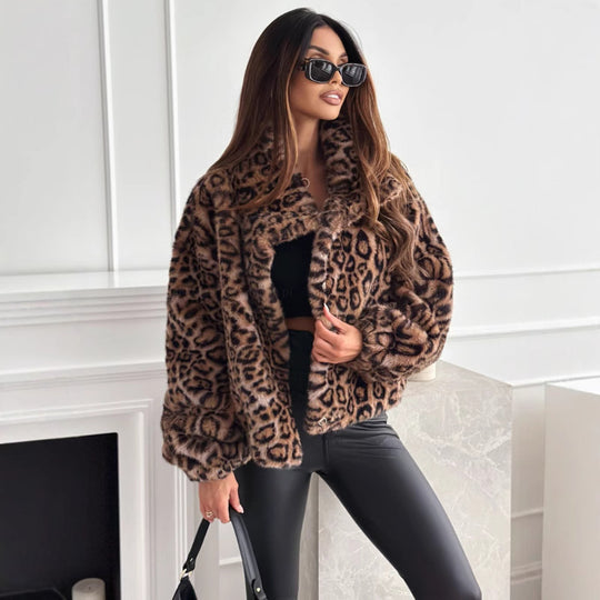 Damen kuschelige Leopardenfell Jacke EB