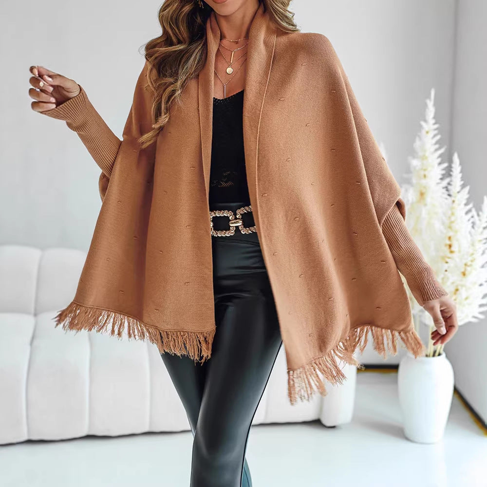 Damen Fransen‑Poncho‑Cardigan mit dekorativem Taillengürtel und Rippbündchen EB