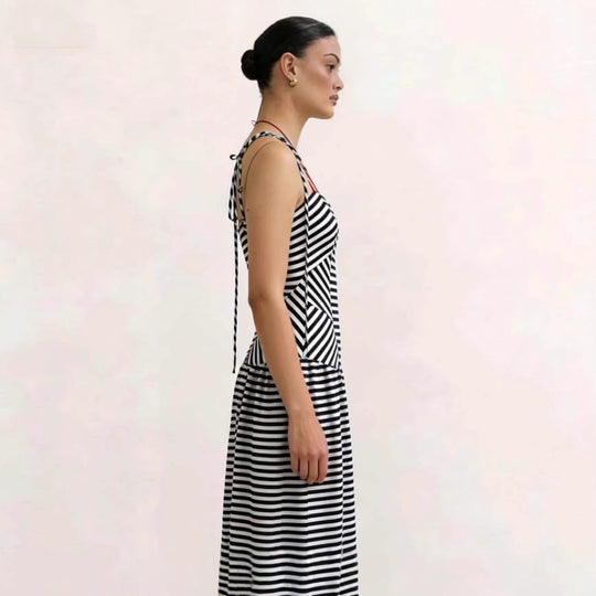 Damen Maxikleid mit tiefem V-Ausschnitt und modernem Streifenmuster EB