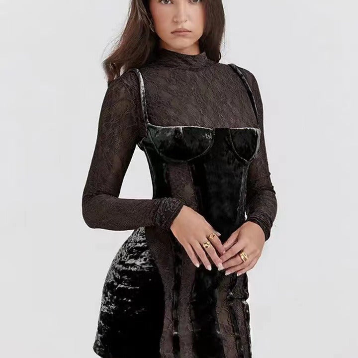 Damen Elegantes Spitzenkleid mit verführerischem V-Ausschnitt und langem Arm EB