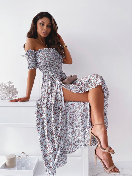 Damen Maxikleid mit raffinierten Puffärmeln und elegantem seitlichen Schlitz EB