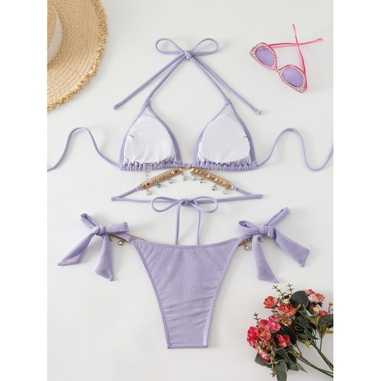 Damen Triangel-Bikini mit modischen Schmuckdetails und Bindebändern EB