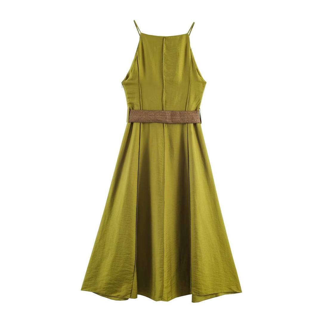 Damen Maxikleid mit schwingendem Saum und dekorativem Gürtel EB