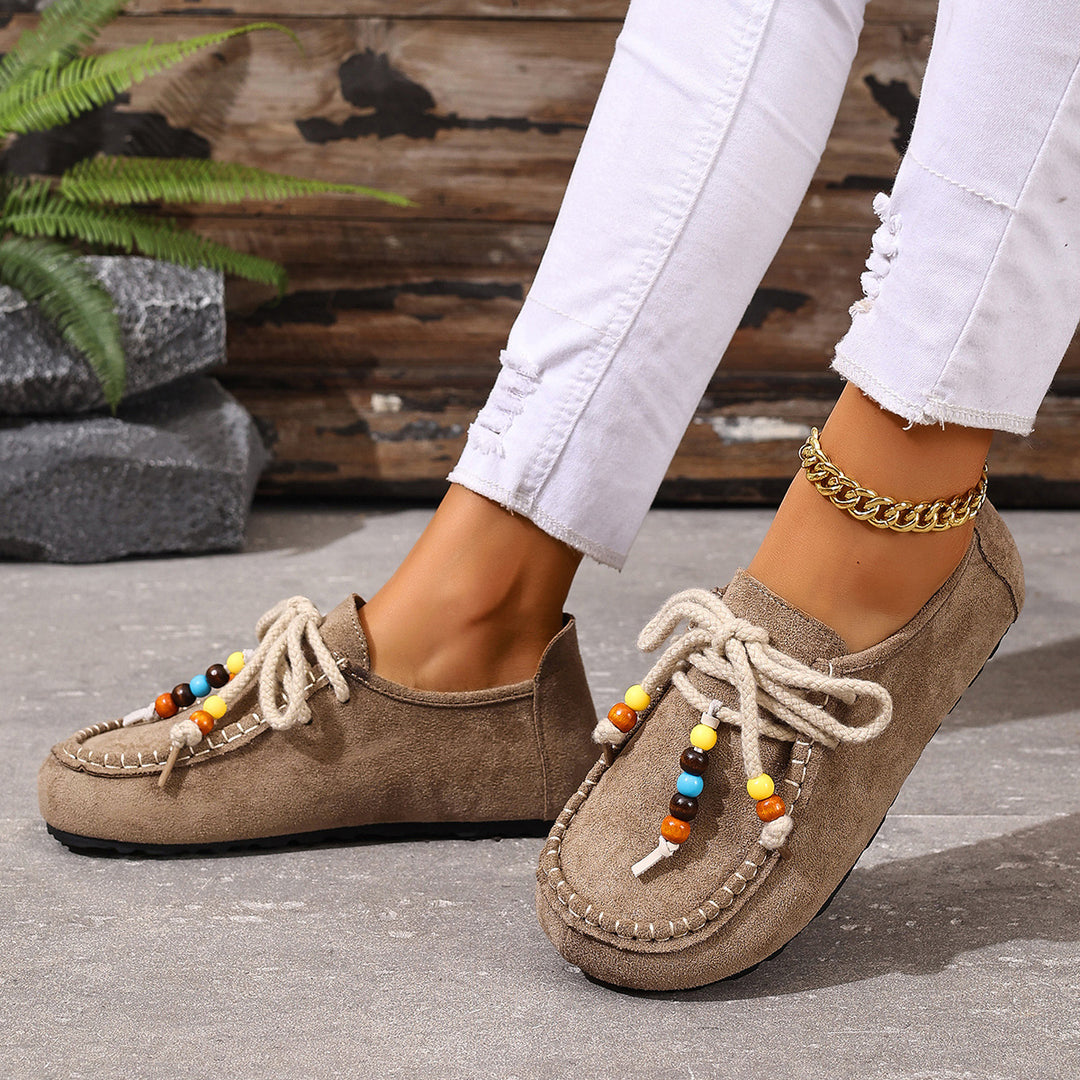 Damen Mokassin-Schuhe mit farbenfrohen Charakterperlen und rutschfester Sohle EB