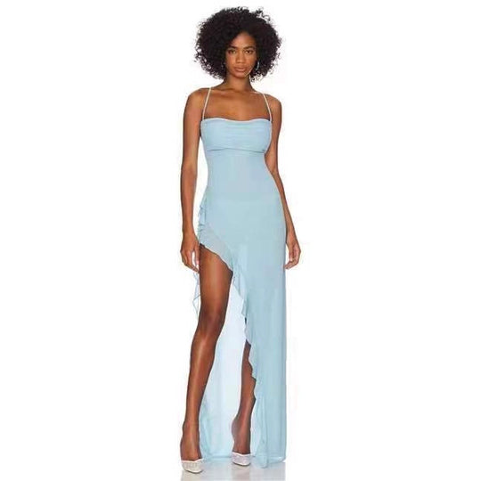 Damen elegantes Maxi-Kleid mit verführerischem Scherenschnitt und trägerlosem Design EB
