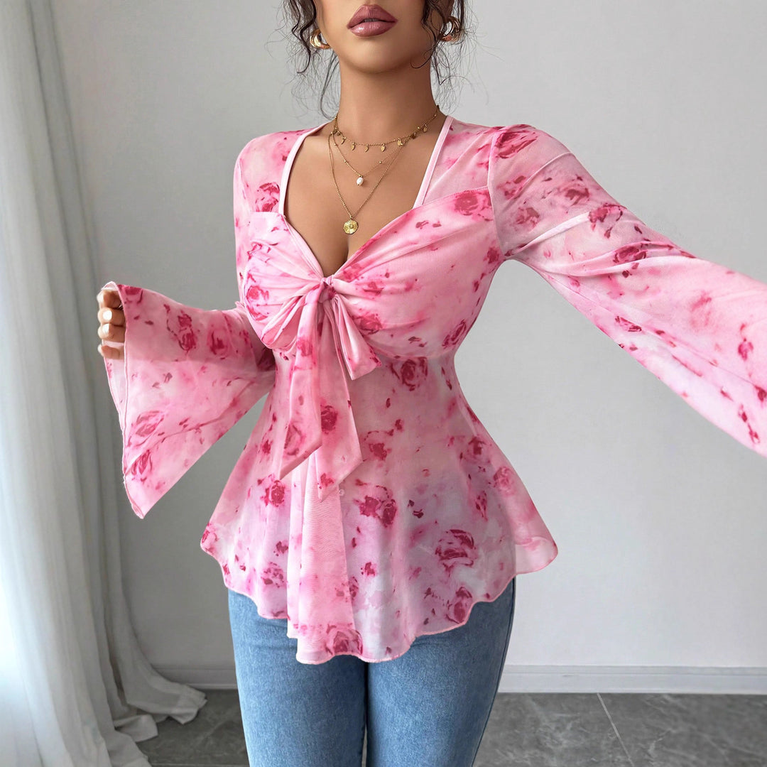 Damen Chiffonbluse mit Bindeknoten, V‑Ausschnitt und ausgestellten Glockenärmeln EB