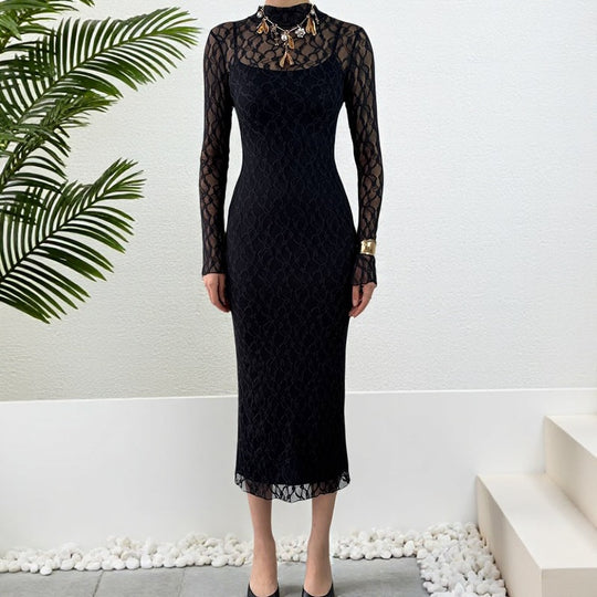Damen Maxikleid aus transparenter Spitze mit eleganten Rüschendetails EB