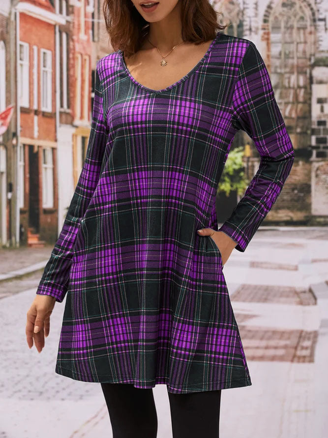 Damen Karo Freizeitkleid mit praktischen Seitentaschen EB