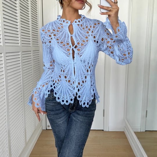 Damen Spitze Bluse mit eleganten Cut-Outs und figurschmeichelndem Design EB