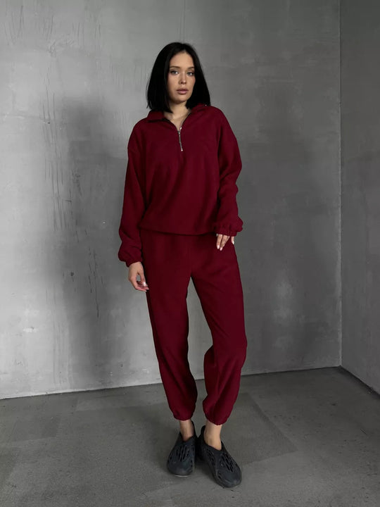 Damen lässiges Fleece-Jogginganzug Set mit Stehkragen und halbhohem Reißverschluss EB