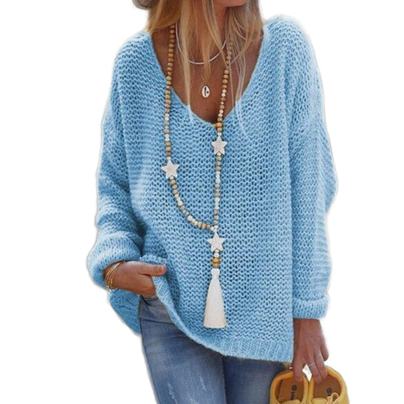 Damen Grobstrickpullover mit tiefem V-Ausschnitt und lässigem Schnitt EB