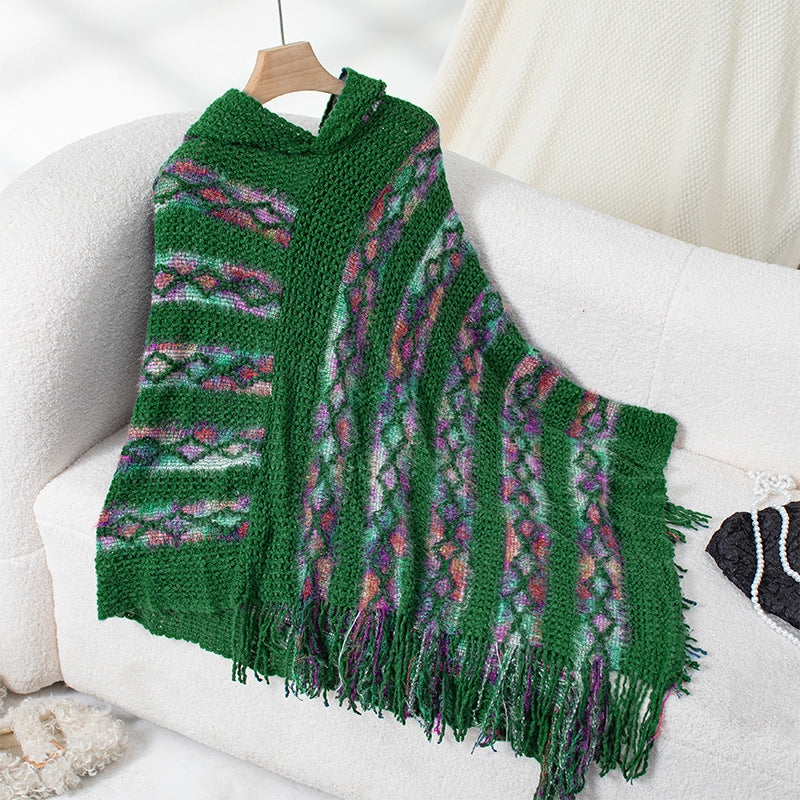 Damen Strickponcho mit Kapuze und fransigem Design EB
